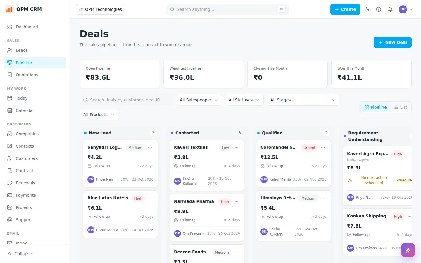 OPM CRM product screen
